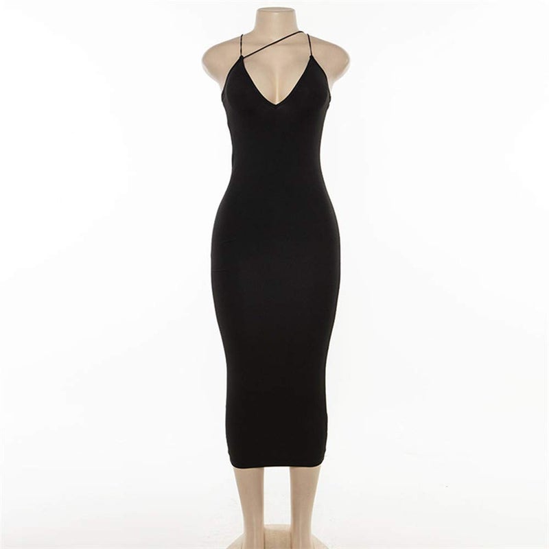 PRIMODA Women's Sexy Neon Asymmetrical Spaghetti Strap Dress Deep V-Neck Sleeveless Bodycon Midi Club Dress(Black,M) - Image 4